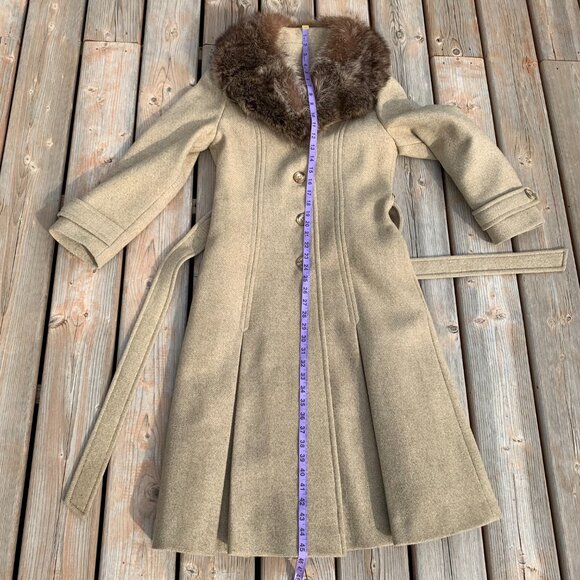 Vintage 50s 60s Union Made Oatmeal Wool Fur Trim Collar Long Belted Overcoat - Picture 14 of 16